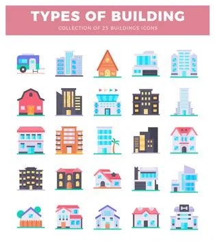 Flat building icons collection different types of architectural structures. Ilustração Stock