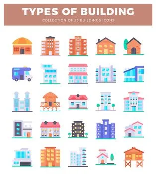 Flat building icons collection. diverse architectural styles with modern an.. Ilustración de archivo