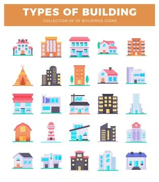 Flat building icons collection with diverse architectural styles on a white.. Ilustración de archivo