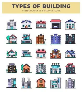 Flat building icons collection. diverse residential and commercial structur.. Ilustración de archivo