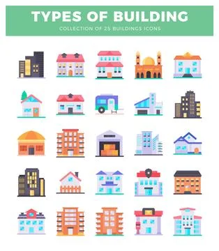 Flat building icons collection. diverse urban and residential structures on.. Ilustración de archivo