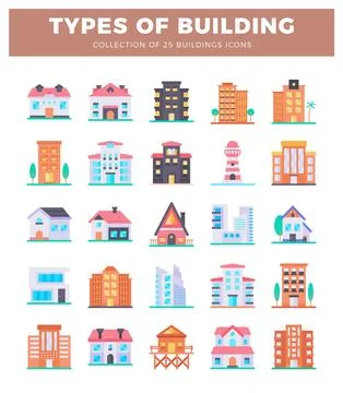 Flat building icons collection with diverse architectural styles on white b.. Ilustración de archivo
