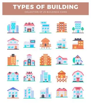 Flat building icons collection featuring various residential and commercial.. Stock Illustration