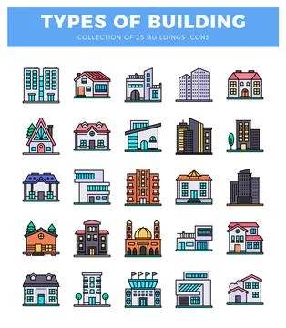 Flat building icons collection for real estate and construction industry. Ilustración de archivo