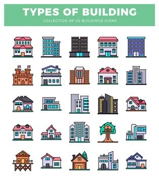 Flat building icons collection with various architectural styles on a white.. Ilustración de archivo