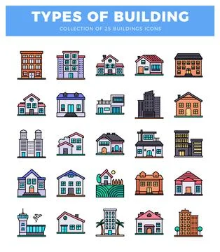 Flat building icons collection with various architectural styles and urban .. Ilustración de archivo