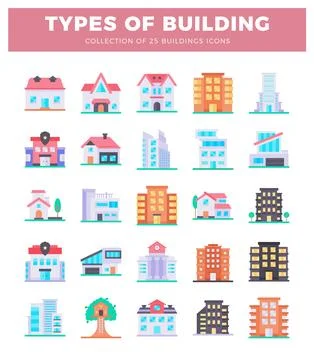 Flat building icons collection. various architecture types. Vector graphic .. Stock Illustration