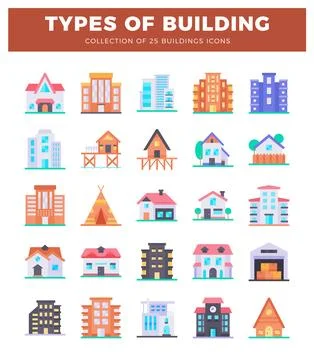 Flat building icons collection with various architectural styles on white b.. Stock Illustration