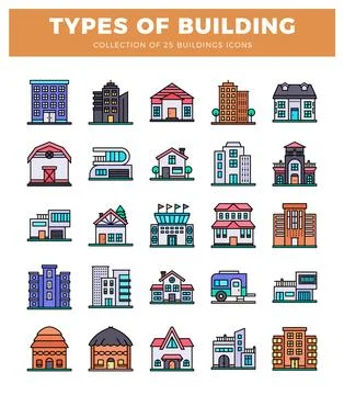 Flat building icons collection with various architecture styles. Ilustración de archivo
