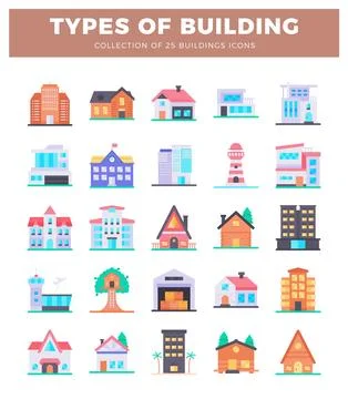Flat building icons collection on white background. Modern and traditional .. Ilustración de archivo