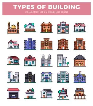 Flat building icons in collection on white Ilustración de archivo