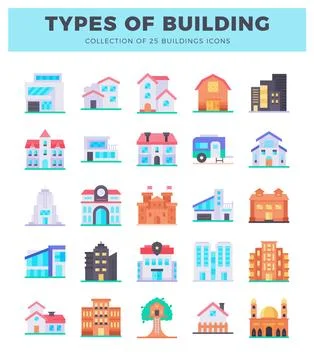 Flat building icons collection on a white background. Vector illustration. Ilustración de archivo