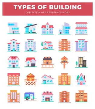 Flat building icons collection on white background Ilustración de archivo