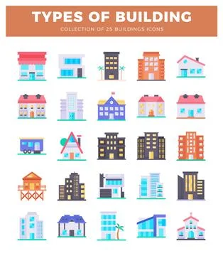 Flat building icons in colorful vector art. Variety of architectural styles.. Ilustración de archivo