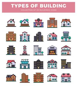 Flat building icons in colorful vector art on white background. Ilustración de archivo