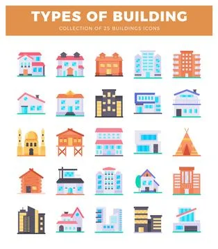Flat building icons displayed on a white background with orange header Ilustración de archivo