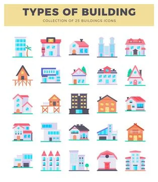 Flat building icons with diverse architectural styles on a white background. Stock Illustration