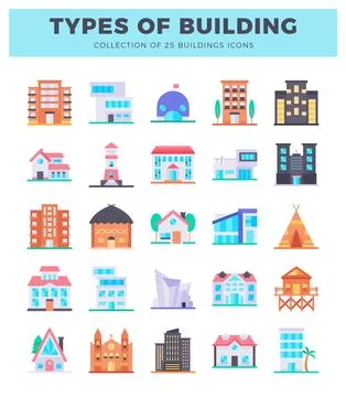 Flat building icons with diverse architectural styles. Vector graphic illus.. Stock Illustration