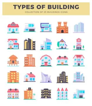 Flat building icons with diverse architectural styles on a white background. Ilustración de archivo