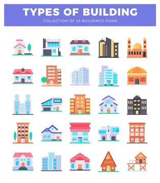 Flat building icons with diverse architectural styles on a white background. Ilustración de archivo