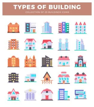 Flat building icons diverse structures in a white background grid. Stock Illustration