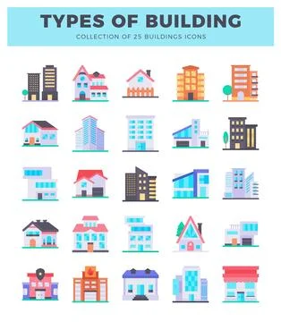Flat building icons in a grid format. showcasing diverse architectural styl.. Ilustração Stock