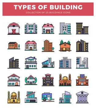 Flat building icons in a grid. Ilustración de archivo