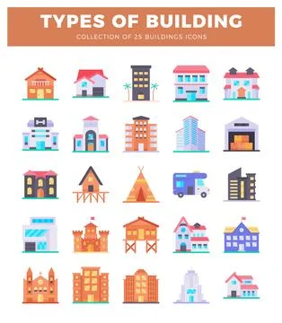 Flat building icons in a grid layout on a white background. Ilustración de archivo