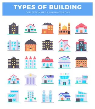 Flat building icons in a grid layout on a white background. Stock Illustration