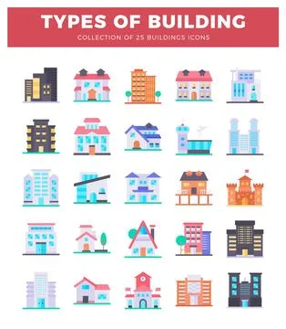 Flat building icons in a grid layout on a white background. Ilustración de archivo