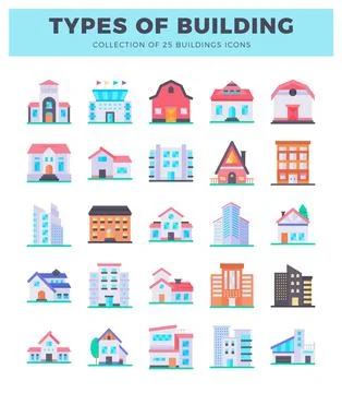 Flat building icons in grid layout for architecture design.  diverse buildi.. Stock Illustration
