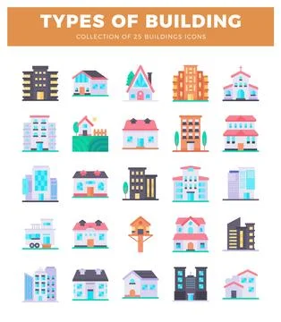Flat building icons in a grid layout on a white background. Ilustración de archivo