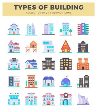 Flat building icons in a grid layout. showcasing diverse architectural styles Ilustración de archivo