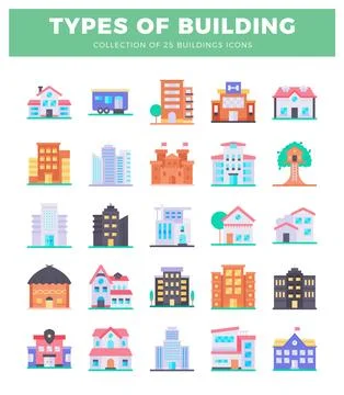 Flat building icons in a grid layout on a white background. Ilustración de archivo