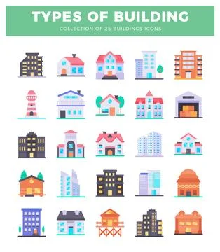 Flat building icons in a grid layout. Isolated vector illustrations of dive.. Stock Illustration