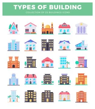 Flat building icons in a grid layout Ilustração Stock