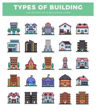 Flat building icons in a grid layout. featuring various architectural styles. Ilustración de archivo