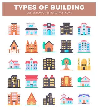 Flat building icons in a grid layout on a white background Ilustración de archivo