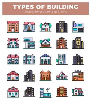 Flat building icons in a grid layout. Ilustração Stock