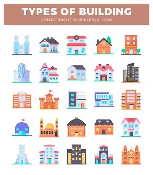 Flat building icons in a grid pattern. featuring diverse architectural styl.. Illustrazione stock