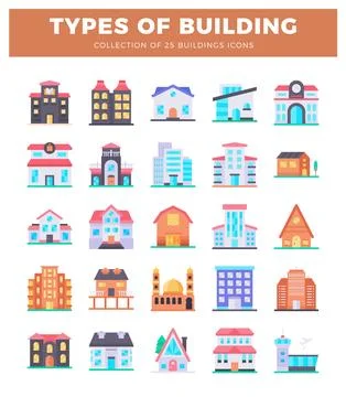 Flat building icons in a grid pattern Illustrazione stock