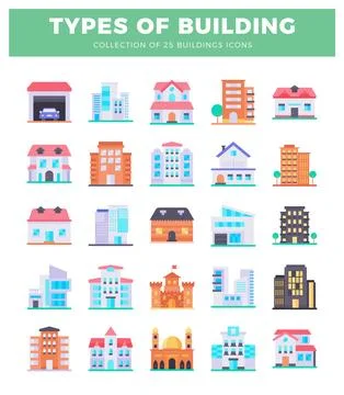 Flat building icons in a grid on white background. modern design Ilustración de archivo