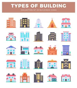 Flat building icons illustration collection showcasing diverse architectura.. Ilustración de archivo
