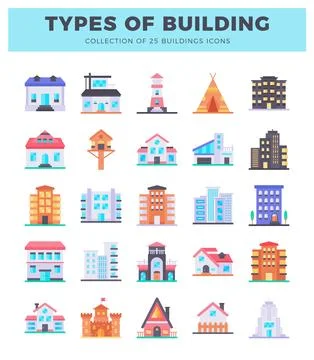 Flat building icons presented in a grid on a white background with a title. Stockillustratie