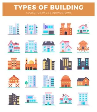 Flat building icons in rows. Modern and traditional architectural styles. Ilustración de archivo