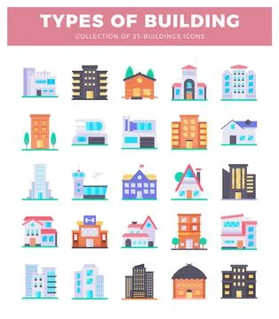 Flat building icons set with varied architecture and colors. building illus.. Stock Illustration