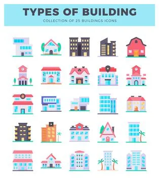 Flat building icons set in various styles and colors on white background Ilustración de archivo