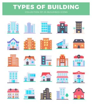 Flat building icons shown on a white background. Ilustración de archivo