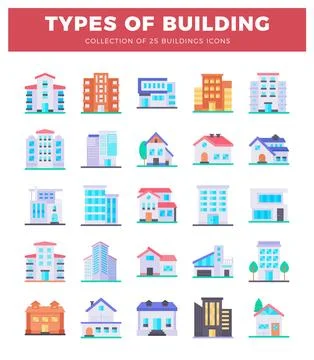 Flat building icons with various architectural styles on white background. Ilustración de archivo