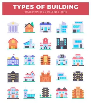 Flat building icons in various architectural styles on a white background. .. Ilustración de archivo